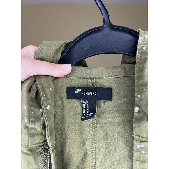 Forever 21 Army Green Nice Design Cotton Linen Hoodie Jacket Size M - Picture 5 of 5